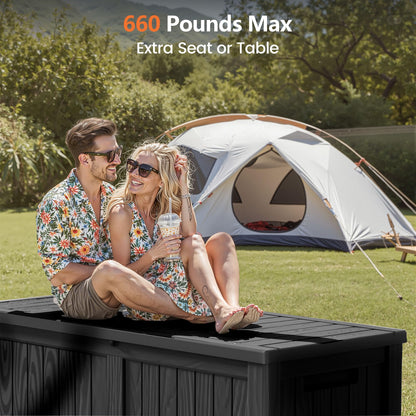 ComeWay 120 Gallon Outdoor Storage Box - Waterproof Resin Deck Box with Stainless Steel Rods - Lockable & Fade Resistant Storage Bin for Patio Cushions & Garden Tools, Black