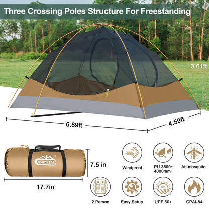 Camppal 2 Person Backpacking Tent, Waterproof 4 Season Tent, Windproof Rainproof Cold Weather Winter Tent for Camping, Hiking, Hunting, Motorbiking, Cycling - Khaki
