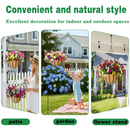 JFFLYIT 2 Pack 12 Inch Hanging Planters for Outdoor Plants Metal Hanging Planter Basket with Coco Coir Liner Round Plant Black Flat Iron Metal Flower Pots for Deck Patio Porch Garden Balcony