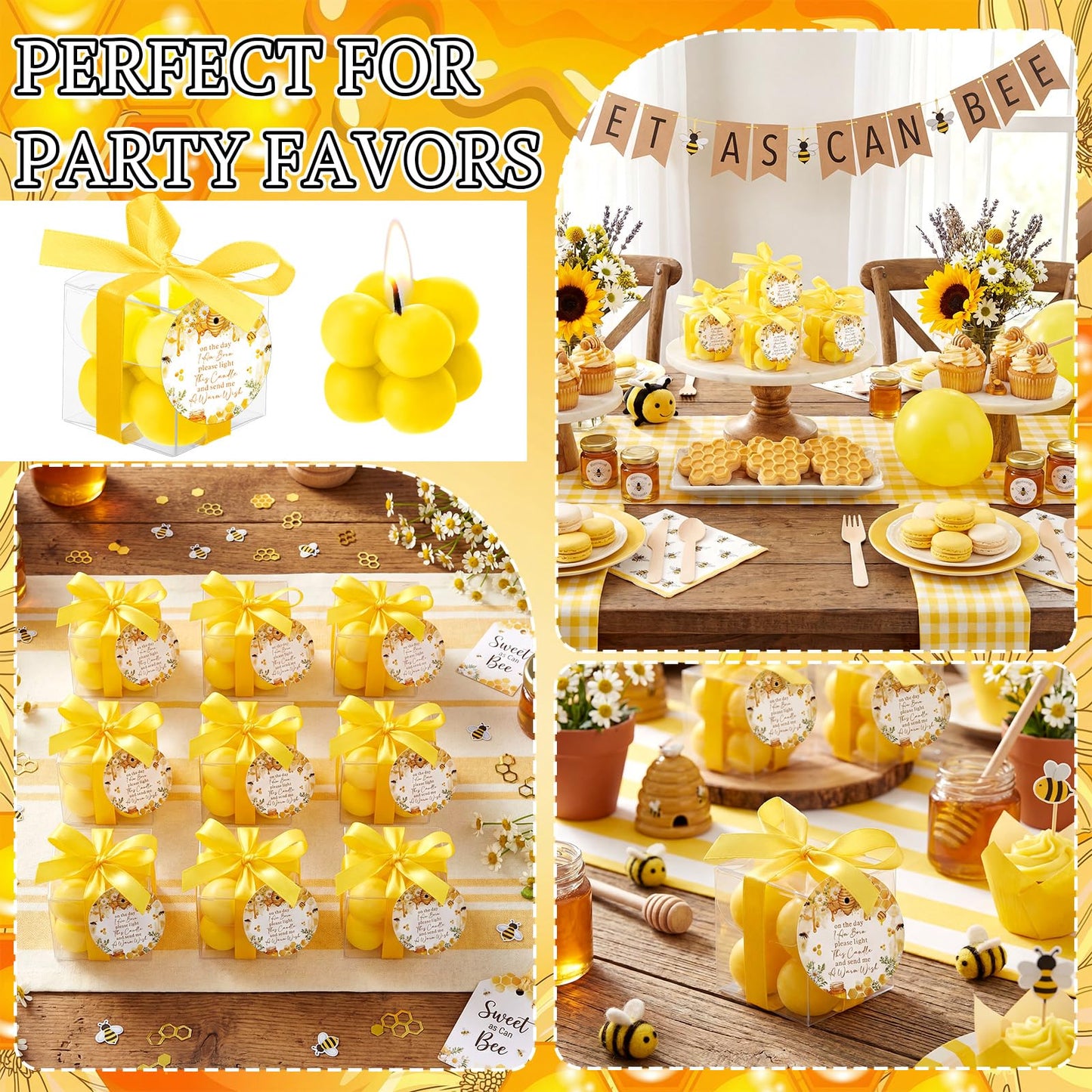 MTLEE 24 Sets Bee Baby Shower Favors Party Candle Small Bubble Candle Baby Shower Favors for Guests Tea Candles Bulk with Stylish Ribbons Cards Gifts (Yellow, Bee)