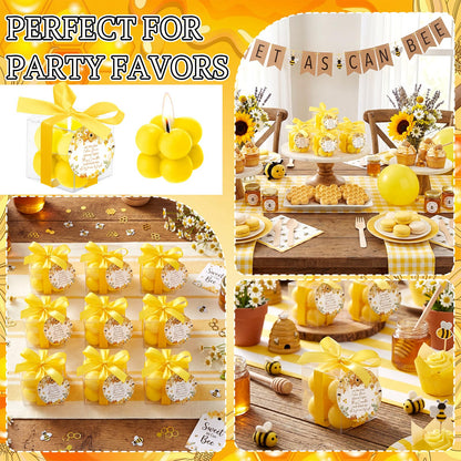 MTLEE 24 Sets Bee Baby Shower Favors Party Candle Small Bubble Candle Baby Shower Favors for Guests Tea Candles Bulk with Stylish Ribbons Cards Gifts (Yellow, Bee)
