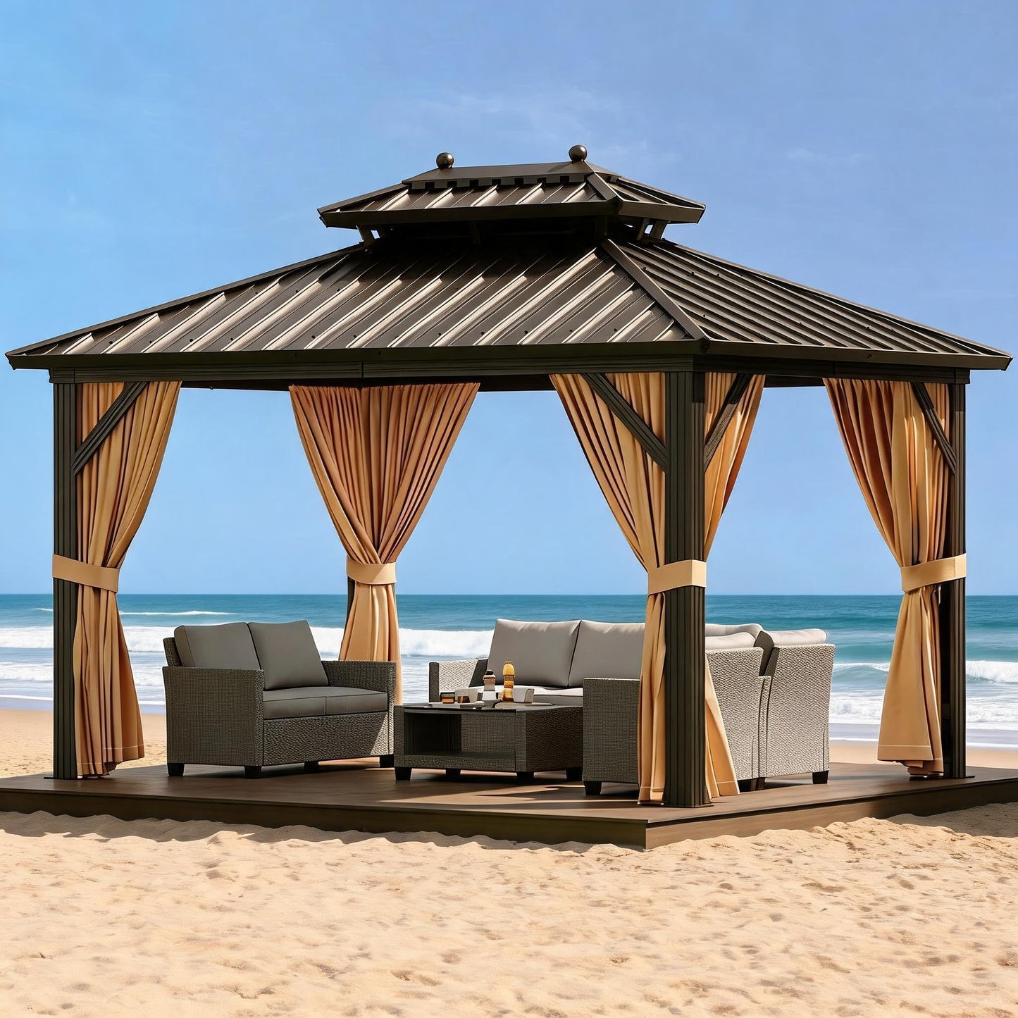 10' x 10' Permanent Hardtop Gazebo with Curtains & Netting – Outdoor Patio Gazebo with Aluminum Frame & Double Metal Roof for Backyard, Lawn, Deck, or Garden (Brown)