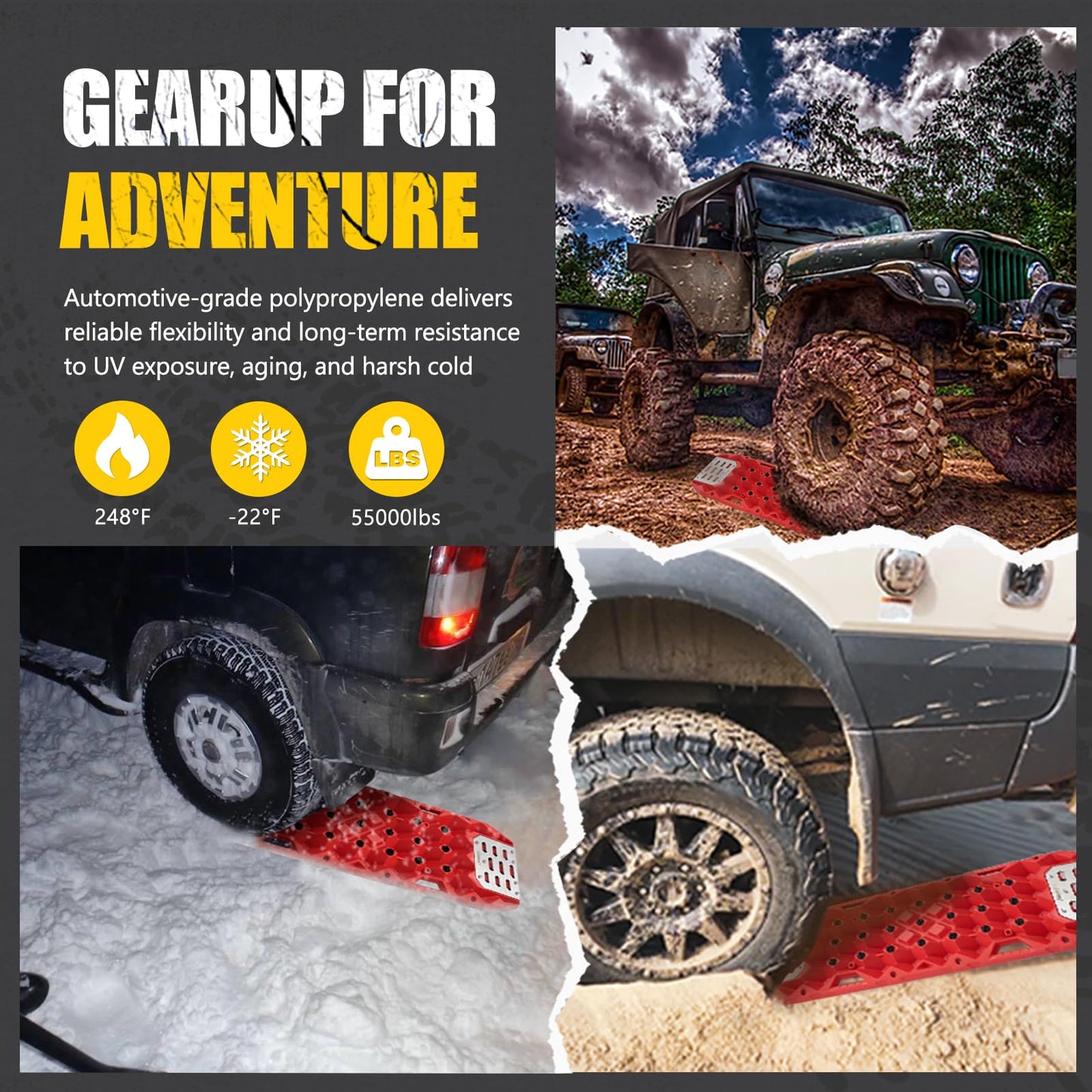 BUNKER INDUST Offroad Traction Board with Jack Base,Pair 47.24"L x 14"W Recovery Track Tire Traction Mat -Red Sand,Mud,Snow Ramps (Replaceable Dual Colors Teeth/Rugged Steel Plate) Gen 11th