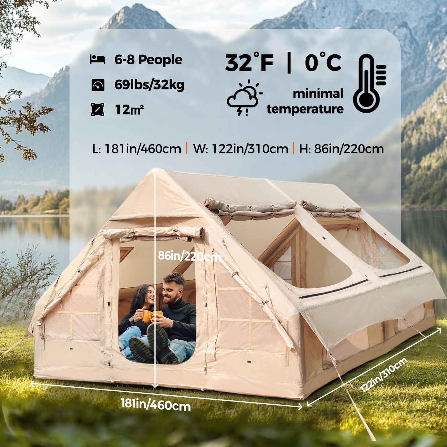 LBF 181"*122" Inflatable Tent for Glamping - 5-Minute Instant Setup Blow Up Tents for Camping Adults, All-Weather Air Tents with Rainfly & Extra Stakes Large