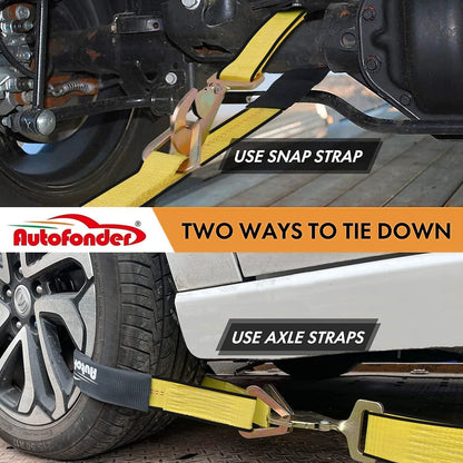 Autofonder Heavy Duty Adjustable Car Tie Down Kit with Snap Hooks -Break Strength 10,000 lbs-Working Load 3333 lbs-Bonus Includes 4 Pack 36" Axle Straps with D-Ring(Yellow)