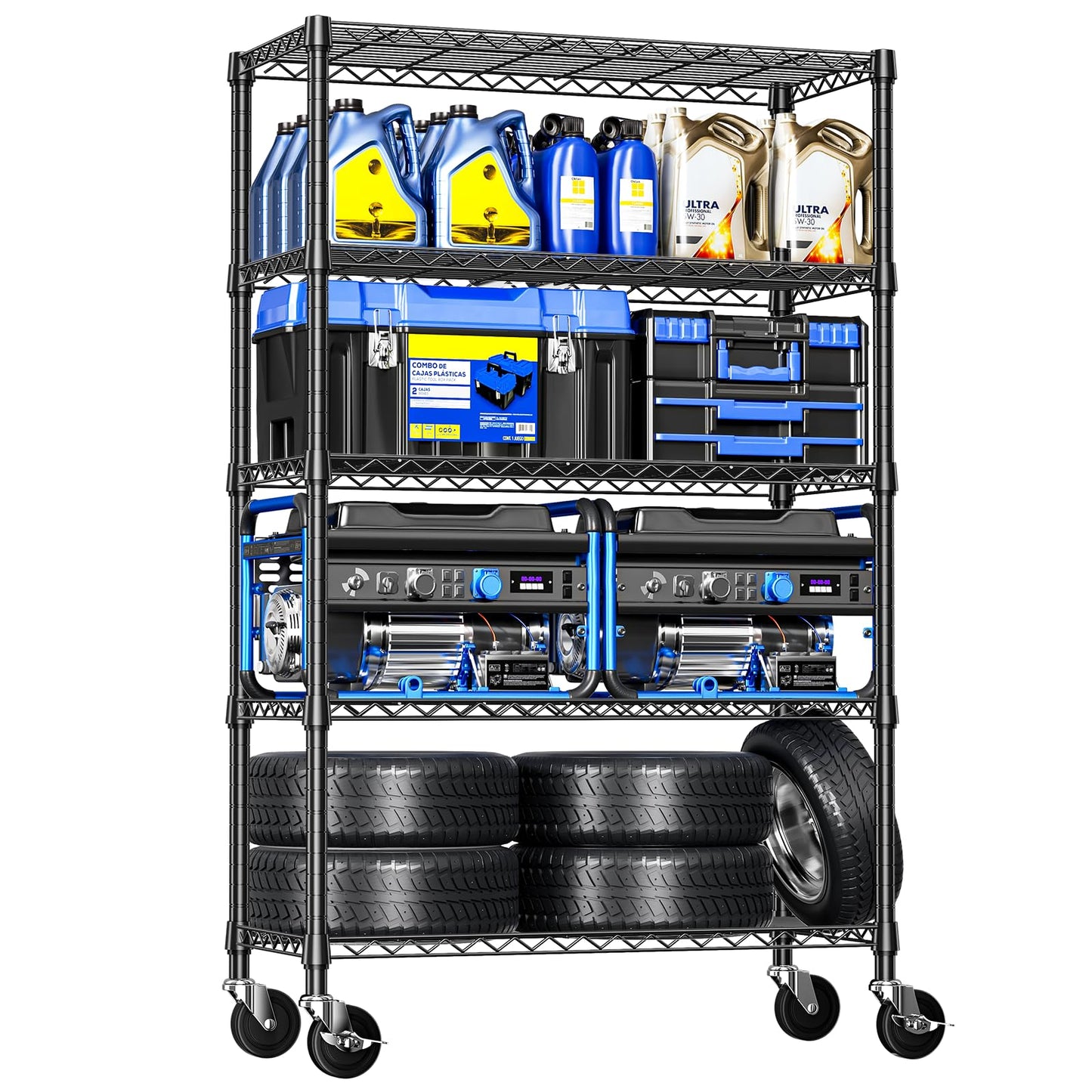 IZEUK 5-Tier Storage Shelving Unit with Wheels, Adjustable Heavy Duty Steel Wire Rack Organizer (Black, 17.7" D x 47.2" W x 76.7" H, 1750 lbs Capacity) for Garage, Kitchen, Office, Laundry, Basement