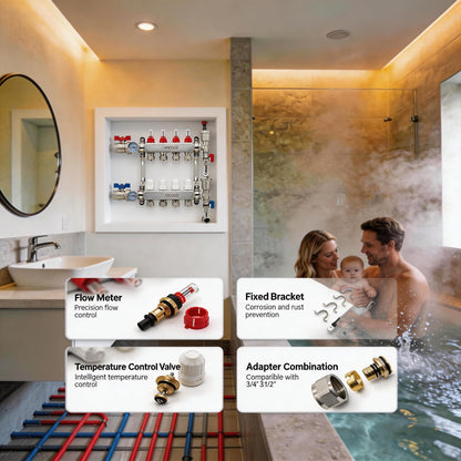 ‌VANCOCO 5 Loop Radiant Floor Heating Manifold, Stainless Steel Infloor Radiant Heat Manifold for Hydronic Radiant Floor Heating with1/2" Adapters
