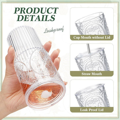 Acellegic 8 Set 20oz Vintage Plastic Tumbler with Lids and Straws Ribbed Floral Drinking Glasses Reusable Iced Coffee Cups for Water Juice Smoothie Cocktail Travel Party Events Gift (Clear)