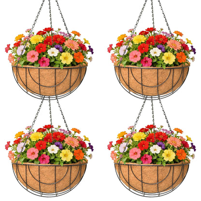 GYATSOCYG 4 Pack 14 Inch Metal Hanging Planter Basket，Natural Round Coconut Hanging Plant Flower Pot，Coconut Coir Planter for Hanging Basket Flowers/Vegetables Home Garden Patio Decoration Earth