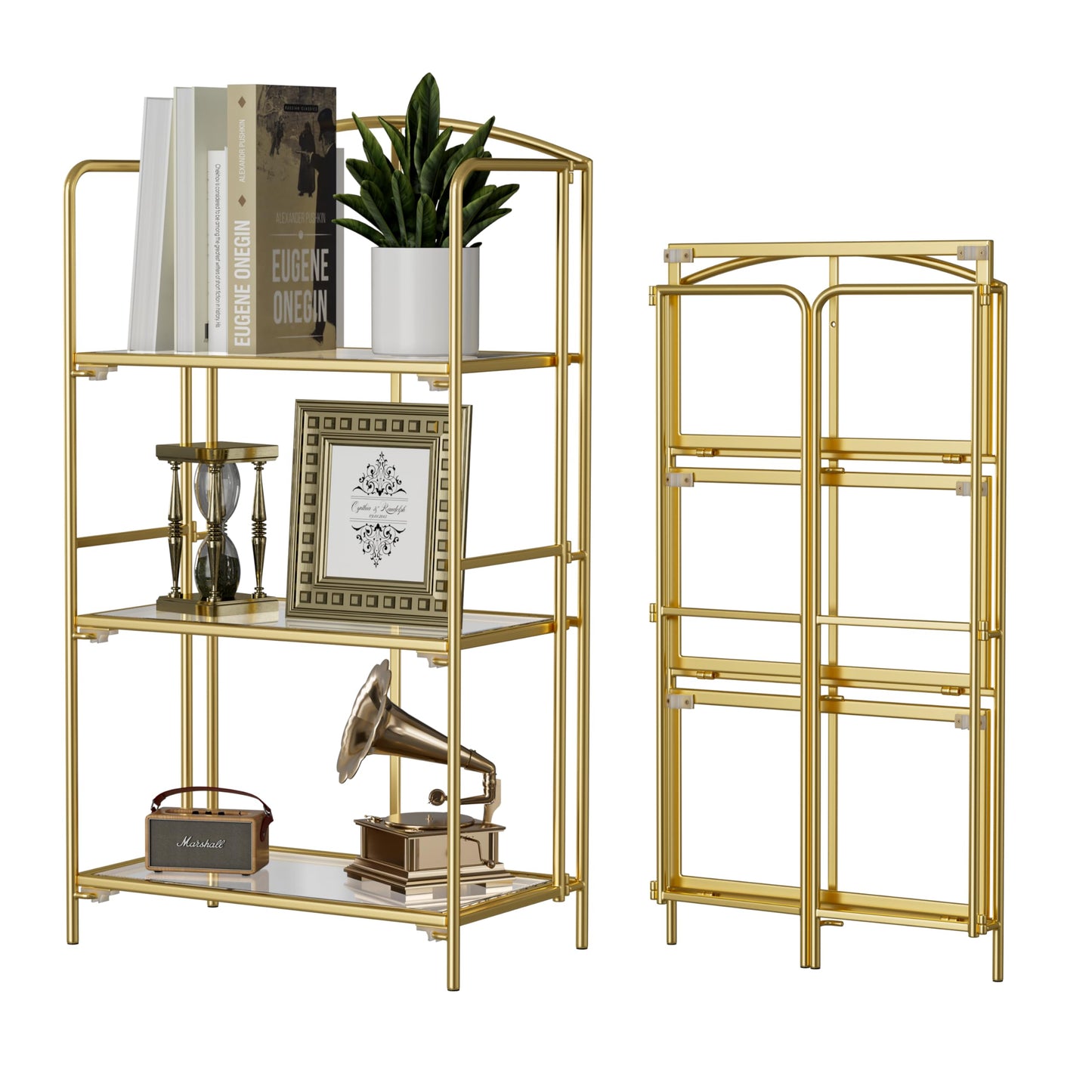 Crofy No Assembly Folding Bookshelf for Living Room, 3 Tier Gold Collapsible Book Shelf for Home Office, Portable Bookcase Storage Organizer