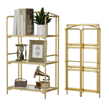 Crofy No Assembly Folding Bookshelf for Living Room, 3 Tier Gold Collapsible Book Shelf for Home Office, Portable Bookcase Storage Organizer