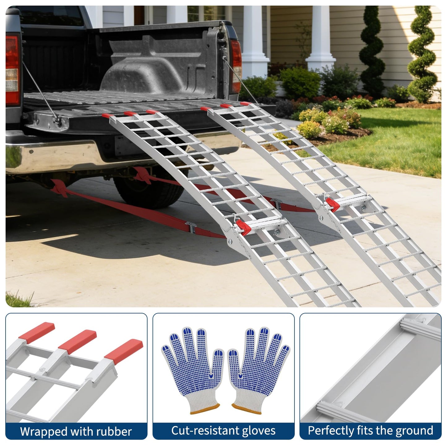 7.5 ft Aluminum Loading Ramps - 750 LBS Capacity Folding Motorcycle Ramp with Rubber-Tipped Fingers & Load Straps for Dirt Bike, UTV, ATV, Trucks, Lawn Mowers, Cargo Trailer
