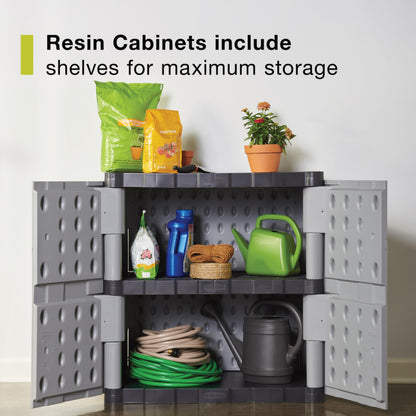 Rubbermaid Freestanding Storage Cabinet with Doors 18"D x 36"W x 37"H Medium Gray/Black Two-Shelf Lockable Cabinet for Indoor/Outdoor/Garage Storage for Garden Tools/Lawn Care Accessories