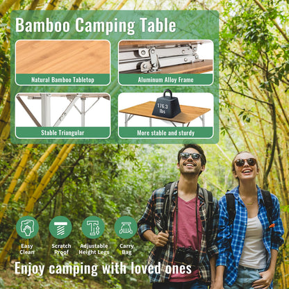 KingCamp Bamboo Folding Camping Table Adjustable. Supports 176lbs with A Premium Bamboo Top and 3 Adjustable Heights, Ideal for Stable Dining or Cooking at Picnics, RVs, and Glamping Sites