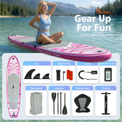 PRAISUN 12’ x 35” Inflatable Paddle Board, 450lbs Extra Wide Stand Up Paddleboard for Youth/Adults of All Skill Levels, Stable SUP with Seat & Full Kit, for Fishing, Yoga, Lake & Ocean, Pink