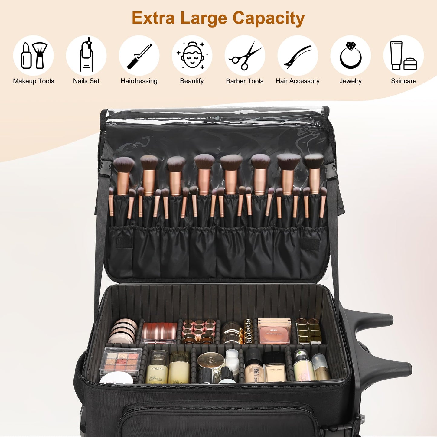 Relavel Rolling Makeup Case with 4 Small Makeup Bags, Large Make Up Travel Organizer with 2 big Wheels, Professional Lockable Makeup Artist Backpack with Adjustable Dividers for Daily Use - Black