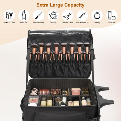 Relavel Rolling Makeup Case with 4 Small Makeup Bags, Large Make Up Travel Organizer with 2 big Wheels, Professional Lockable Makeup Artist Backpack with Adjustable Dividers for Daily Use - Black