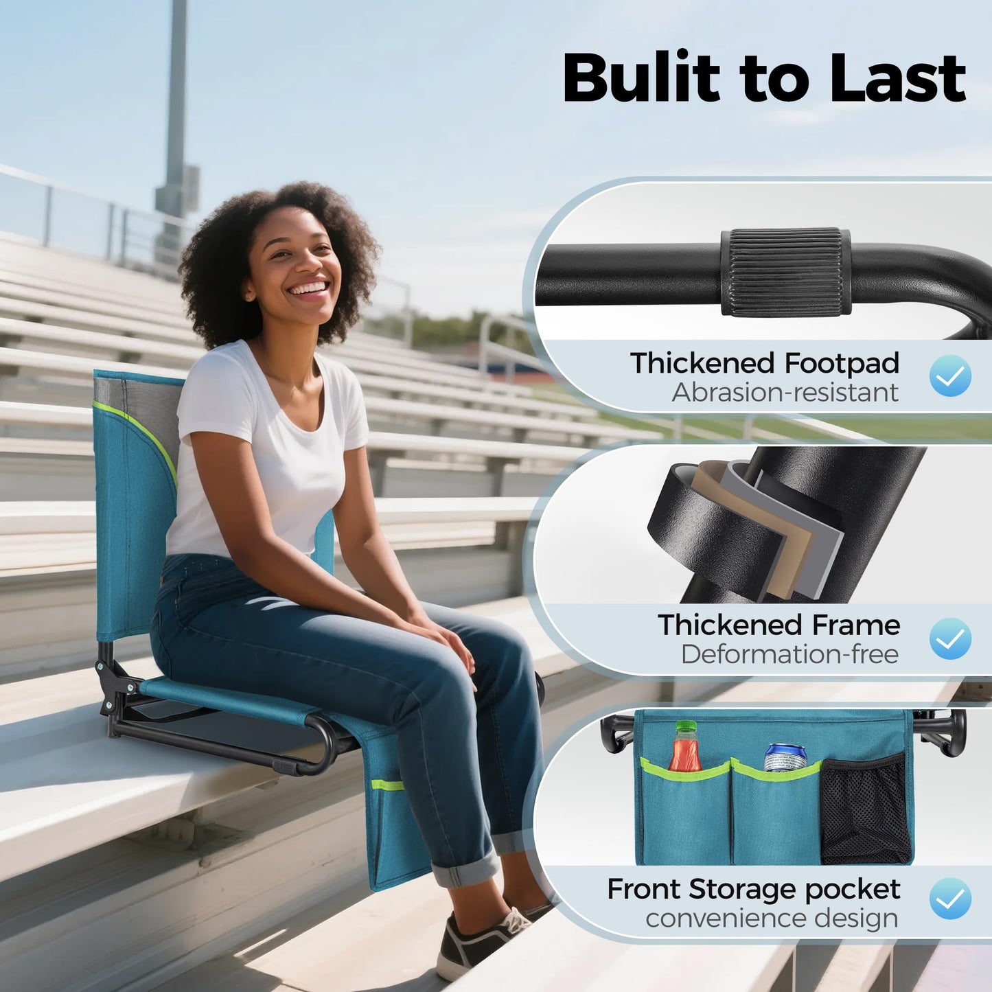 ALPHA CAMP Stadium Seats for Bleachers with Armrests - Thick Padded Bleacher Chairs with Back Support, Extra Wide Stadium Chair for Sports Events, Portable with Shoulder Straps & Pockets, Blue&Grey
