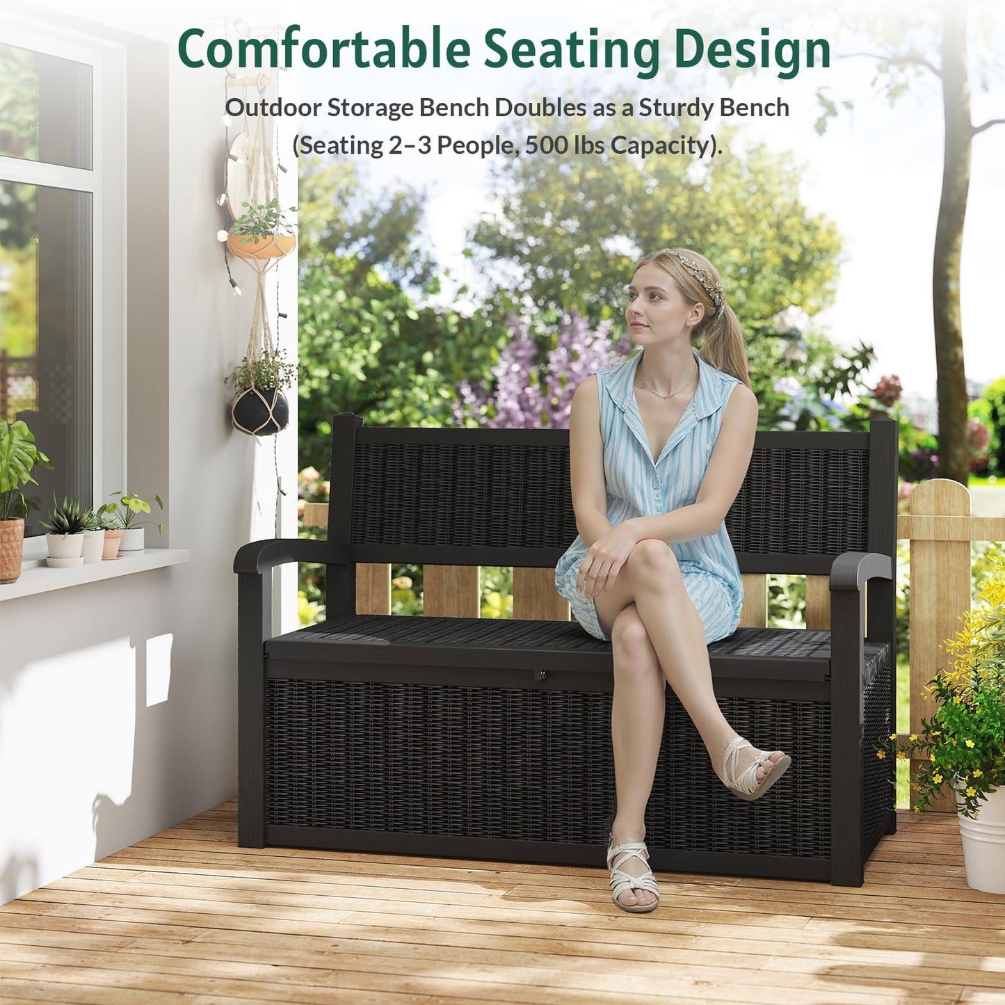 Skepphlay 70 Gallon Storage Bench Outdoor, Deck Box Bench with Armrest, Lockable Outside Benches with Storage, Deck Boxes Waterproof for Pool Patio Garden (Black)