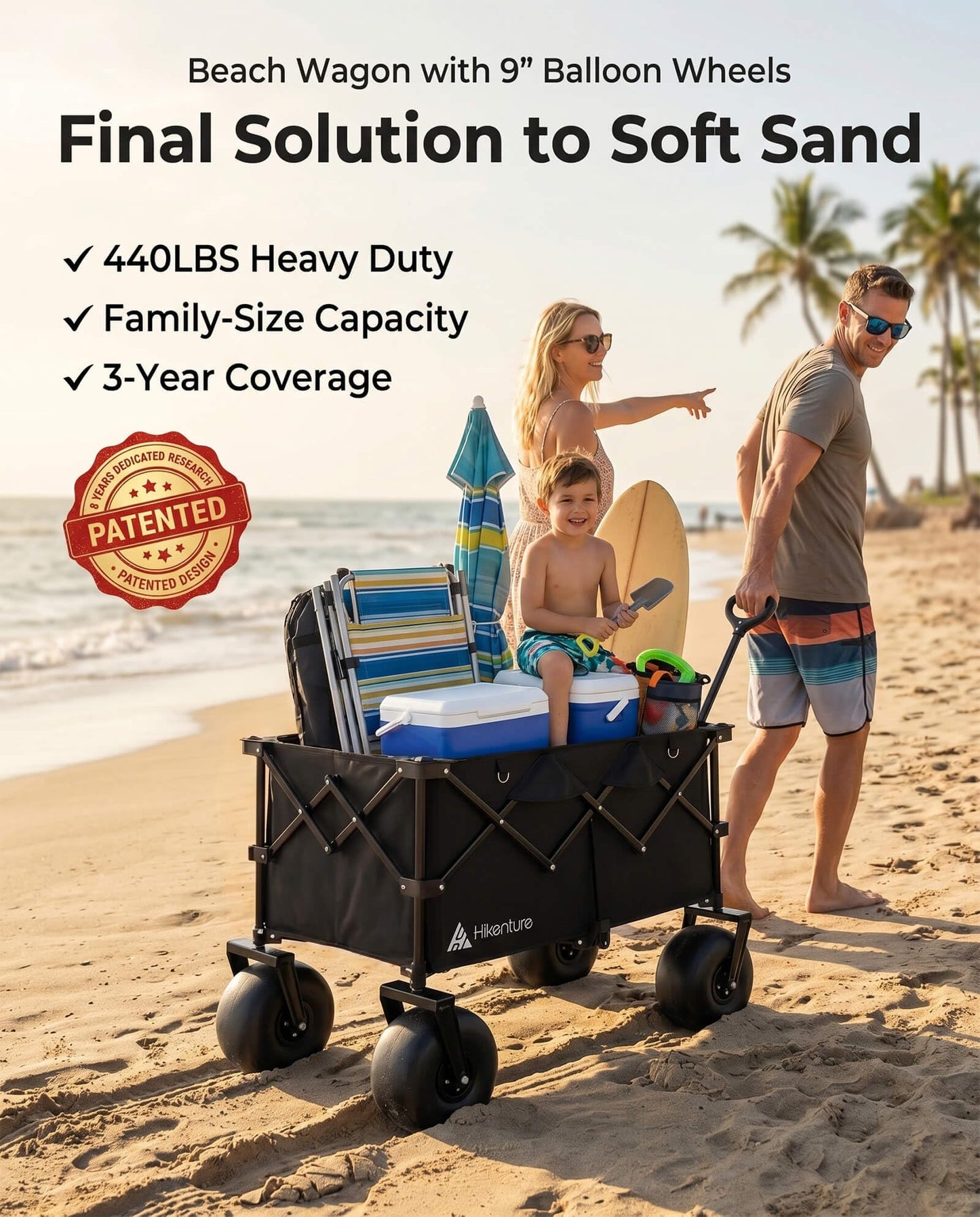 Hikenture Beach Wagon with Balloon Wheels, 9" PU Tires Collapsible Wagon, 440lbs Heavy Duty Beach Cart with Big Wheels for Sand, Large Capacity Utility Wagons Carts Foldable