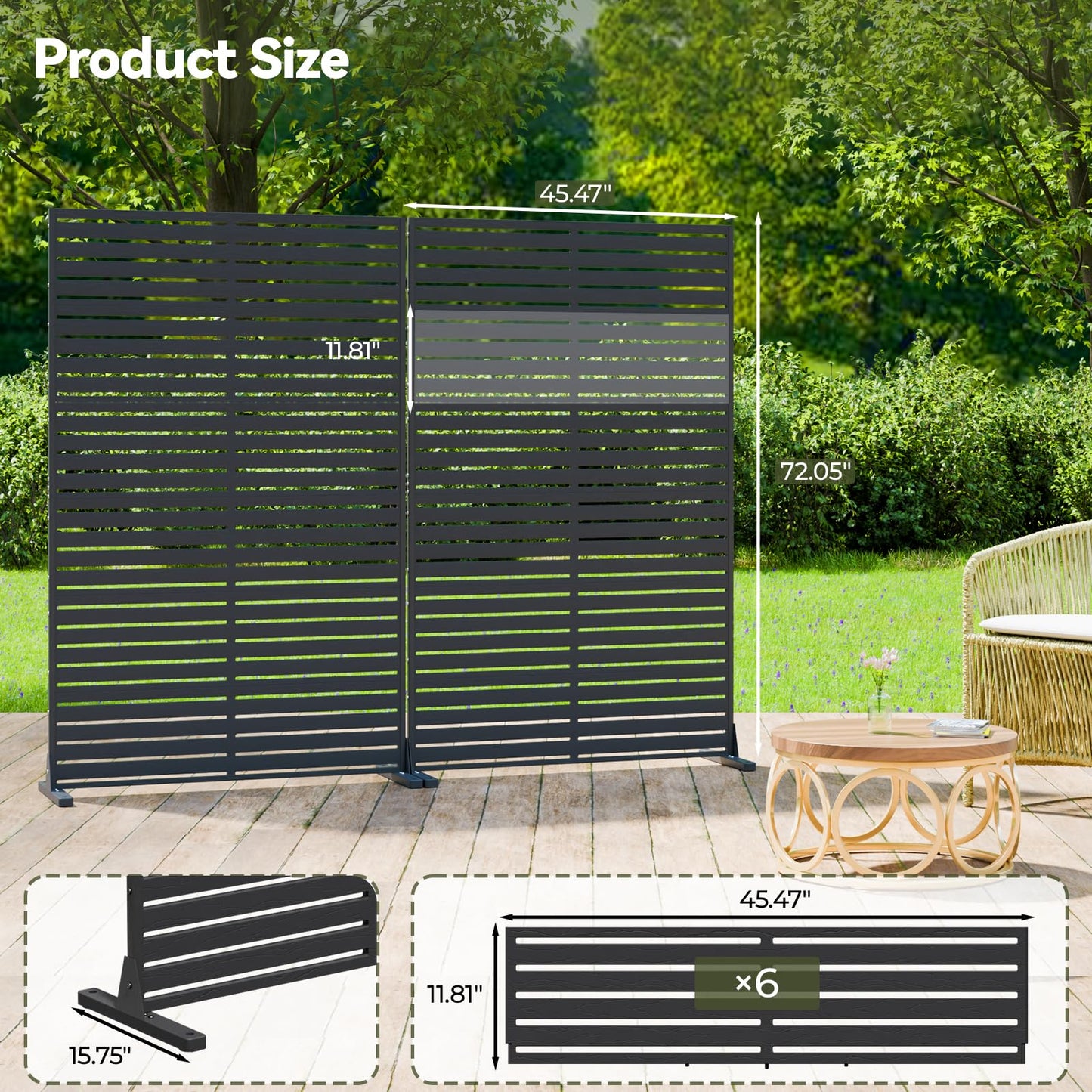 Diyfire Outdoor Privacy Screen 72" Decorative Fence Panel, Air Conditioner Fence, Freestanding Privacy Screens with Stand, Weather-Resistant Patio Divider Panel for Outside, Balcony, Pool, Black