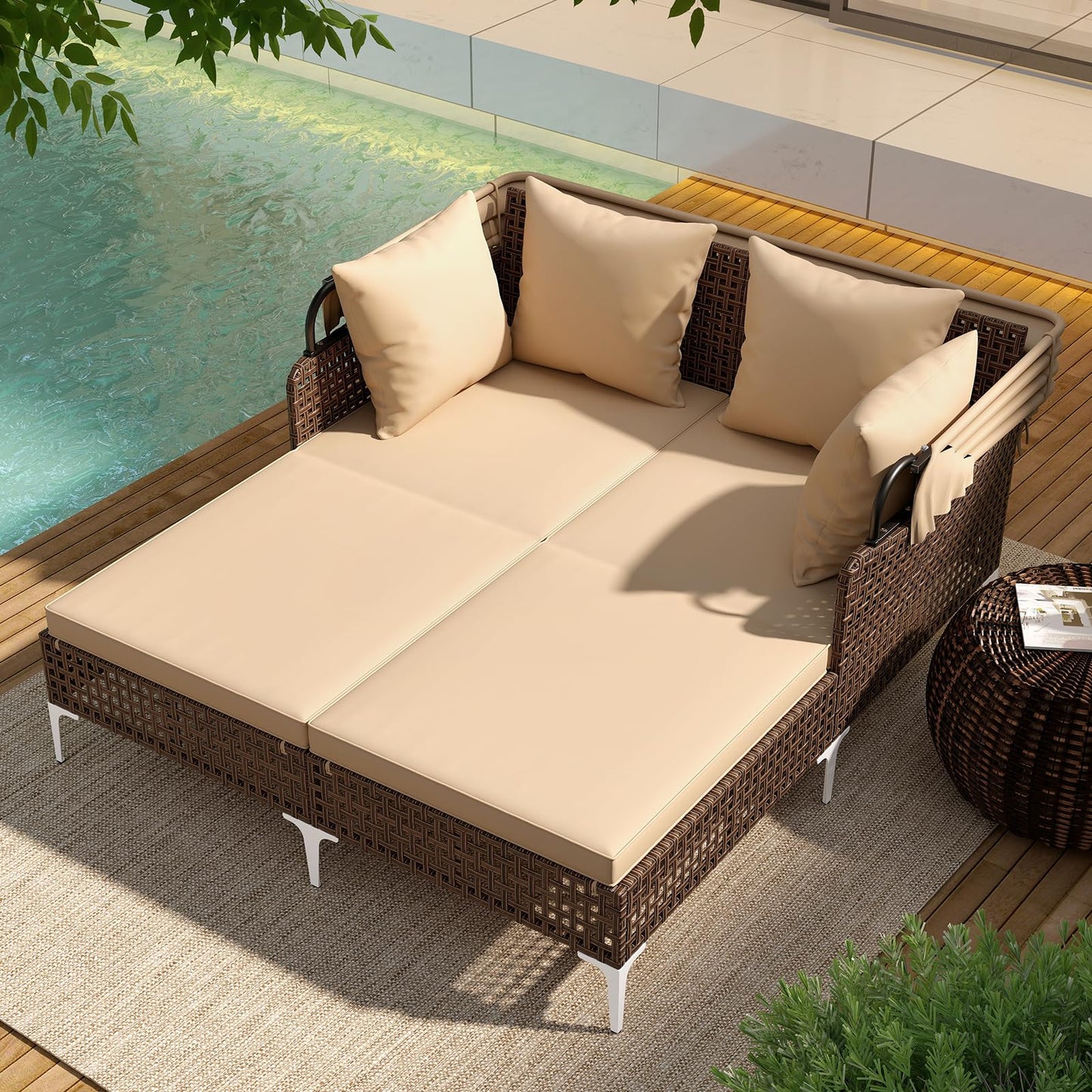 Tangkula Outdoor Rattan Daybed with Retractable Canopy, Boho Patio Wicker Sunbed with Metal Support, Pillows & Cushions, Outdoor Double Chaise Lounge with Shade for Backyard, Poolside, Deck & Balcony