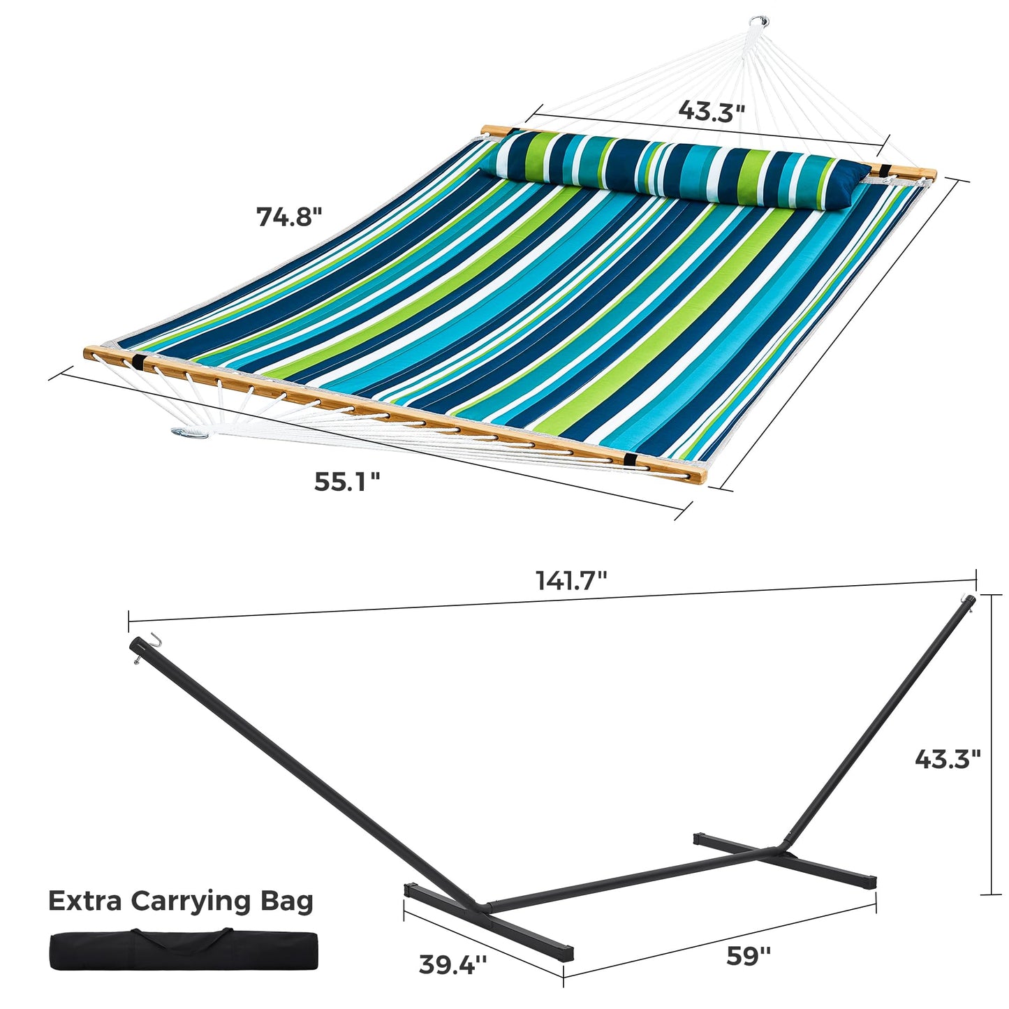 SUPERJARE Hammock with Stand, 2 Person Quilted Outdoor Hammock, Detachable Pillow & Bamboo Spreaders, Portable Hammock with Carrying Bag, Heavy Duty Stand, Perfect for Outside, Patio, Dark Cyan