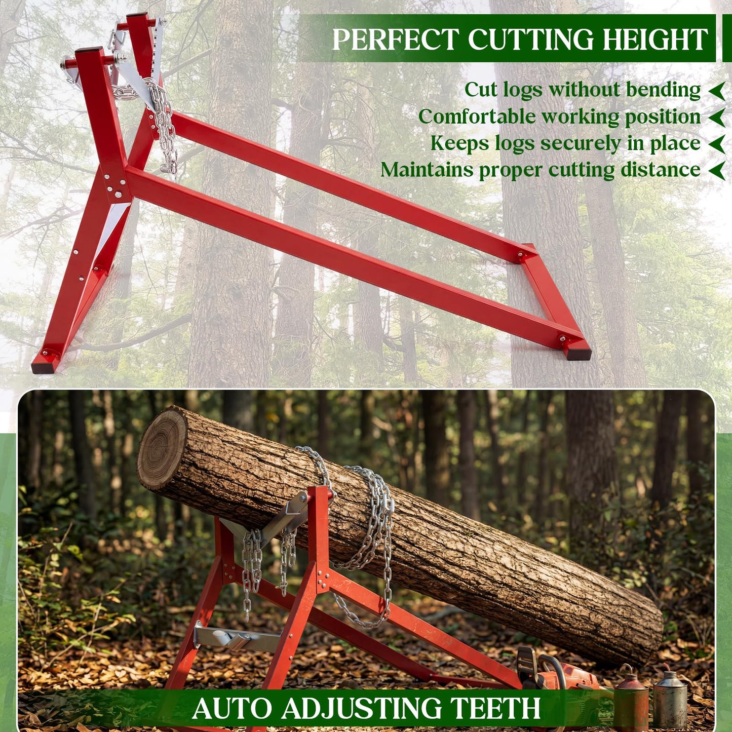 Moxweyeni Heavy Duty Steel Log Holder for Cutting Firewood, Folding Chainsaw Sawhorse Stand with Locking Chain & Safety Gloves, Log Cutting Stand for Woodworking, Fits Logs up to 13" Diameter