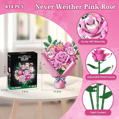 Pink Rose Bouquet Flowers Building Set 834Pcs Roses Artificial Flowers Botanical Collection Compatible with Lego Flowers for Adults Valentines Day Gifts for Her Women Wife Girlfriend Mom