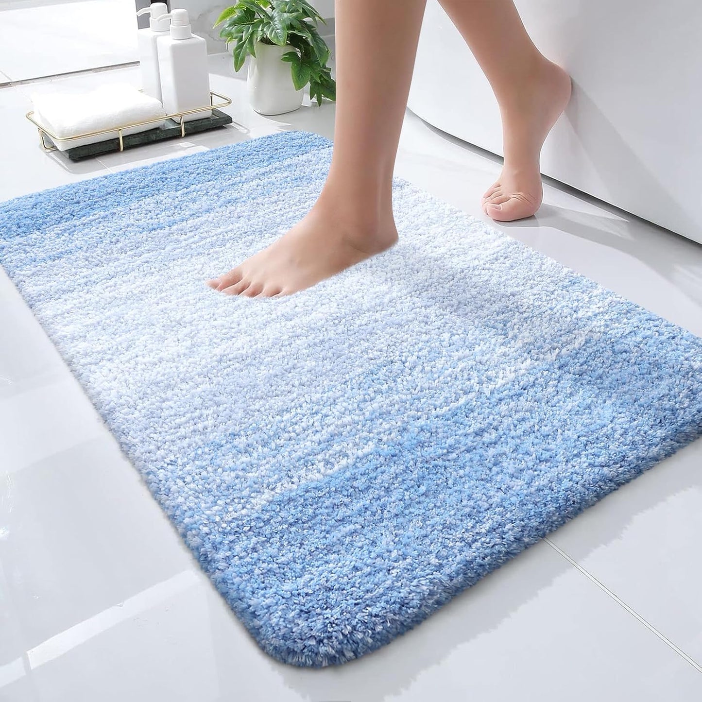 OLANLY Small Bathroom Rugs - Extra Soft Microfiber Mat with Rubber Backing | Quick Dry, Washable, Light Blue 24x16