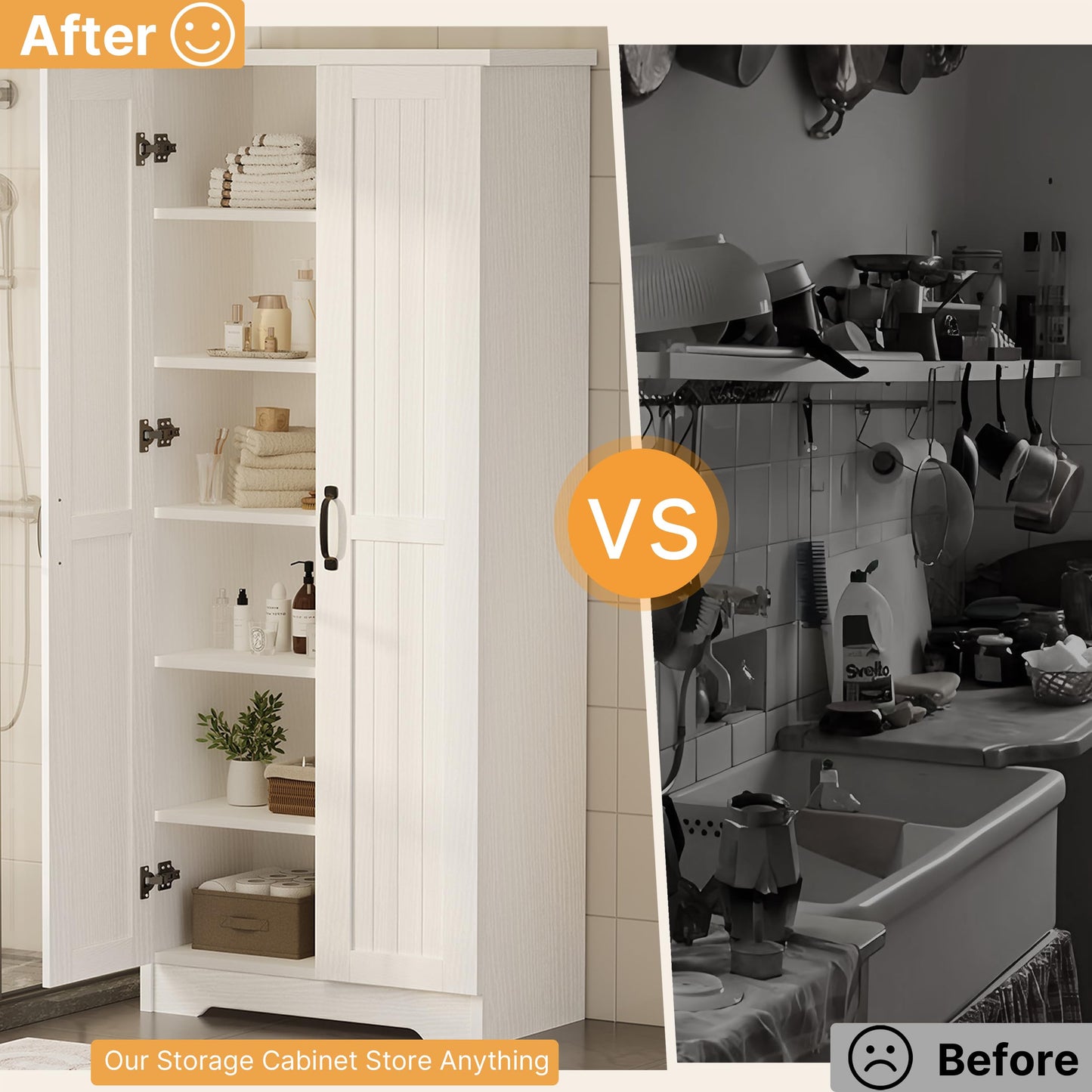 Decofy 70" Tall Storage Cabinet, Large Wood Storage Pantry Cabinet with 6 Adjustable Shelves & 2 Doors, Standing Utility Storage Cabinets for Kitchen, Bathroom, Dining Room (Soft White)