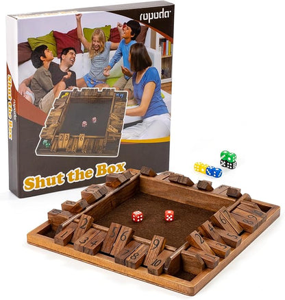 ropoda 12 Inches 4-Way Shut The Box Dice Board Game (2-4 Players) for Kids &amp Adults [4 Sided Large Wooden Board Game 8 Dice + Shut-The-Box Rules] Smart Game for Learning Addition