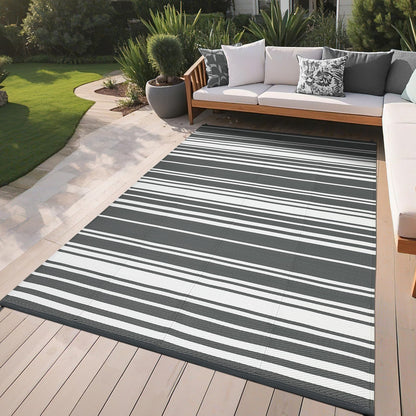 GarveeHome Outdoor Rug Mat for Patio, 9x18 Plastic Straw Rug, Modern Striped Outdoor Camping Rugs for Patio, RV, Porch, Deck, Backyard, Balcony, Camping, Trailer (Grey)