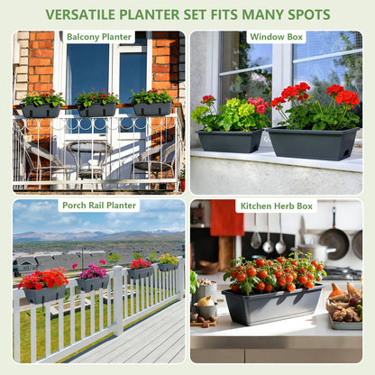 OYEAL Deck Railing Planter Box 4 Pack Window Boxes Planters with Adjustable Brackets, 17 Inch Hanging Flower Pots for Plants for Front Porch, Garden Fence, Apartment Patio Balcony Decor, Grey