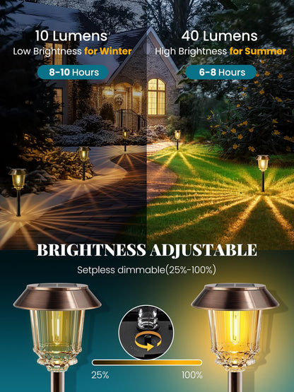 HMDecor Solar Lights Outdoor Waterproof,6 Pack Bronze Pathway Lights with 10-40 LM Dimmable Glass and Metal, Solar Powered Garden Fall Decor for Yard,Patio,Pathway,Driveway(Warm White)