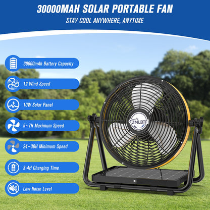 ZMLBTF Solar Fan with 10W Solar Panel, 10" Portable Camping Fan for Outside, Rechargeable Battery Powered, 2 Speed, 360° Tilt Head for Outside, Camping, Travel, Greenhouse (10 inch)
