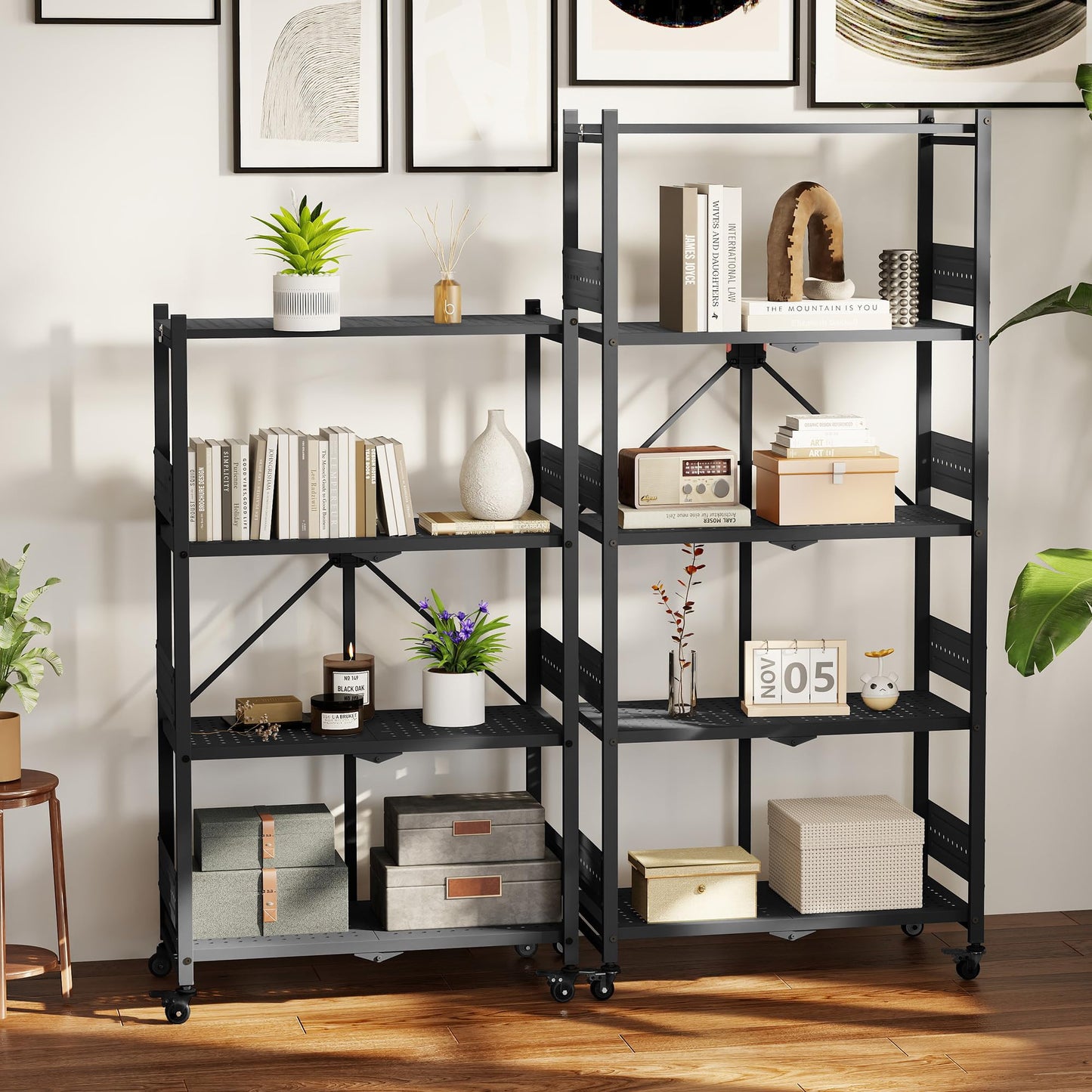 WORKPRO 5-Tier Folding Shelf, No-Assembly Metal Storage Rack with Wheels, 750 lbs Capacity (with Leveling Feet), Collapsible Shelving Unit for Kitchen, Pantry, Bathroom & Closet Organization