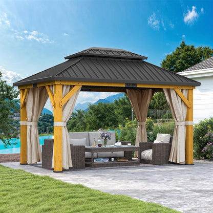 DWVO 11X13FT Gazebo Wood Outdoor Wooden Frame Double Roof Hardtop Galvanized Steel Top Canopy w/Curtain and Netting, Patio Heavy Duty for Deck, Backyard