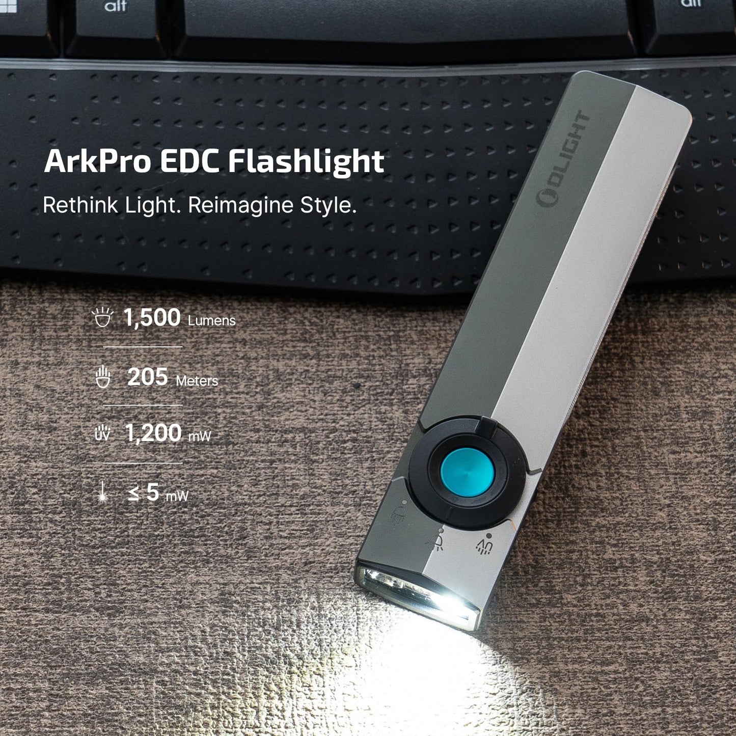 OLIGHT ArkPro EDC Flat Flashlight Rechargeable with Green Beam, UV and White LED,1500 Lumens USB-C Pocket Camping Flashlight, Spotlight Floodlight for Outdoor Emergency (Dual Tone Silver Graphite CW)