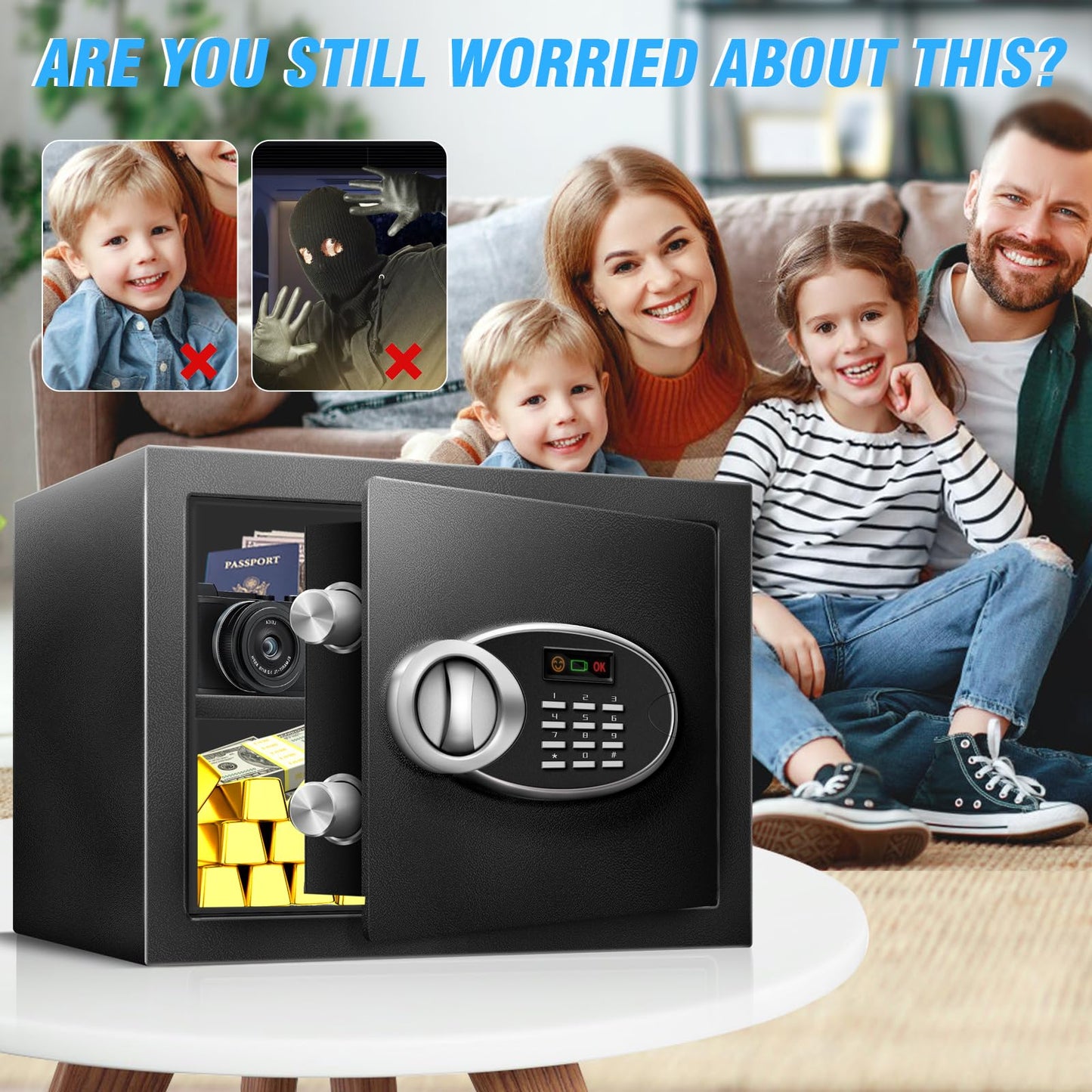 11.81" Tall Safe Box with Fireproof Waterproof for Documents - Steel Security Personal Safe with Digital Electronic Keypad, Emergency Battery Box & Combination Lock, Safety Box for Valuables Money
