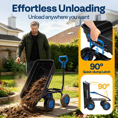 VIVOHOME 4 Cu.Ft 660lbs Wheelbarrow Garden Cart Dump Wagon with 2-in-1 Convertible Handle Attach to ATV or Tractor, 10" All Terrain Wheels, Quick Release Heavy Duty Utility Trailer for Yard-Blue
