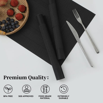 Leetaltree Black Frame Placemats Set of 4 - Heat Resistant Non-Slip Place mats for Dining Table, Washable Durable PVC Vinyl Woven Table Mats（Black Frame, 4）