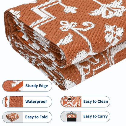IDEALHOUSE Outdoor Rug 9x18 Ft, Waterproof Plastic Reversible Rug, Persian Style Camping Mat for Outdoors, RV, Patio, Backyard, Deck, Picnic, Beach, Trailer(Orange Red & White)