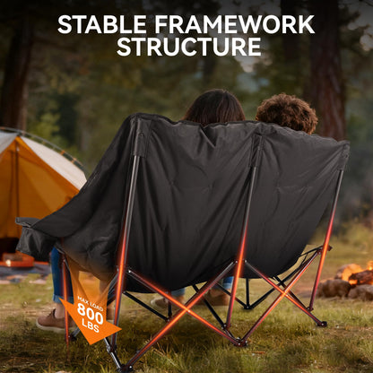Huskfirm High Back Double Camping Chair 2 Person Camping Chair Low Seat Loveseat Camping Chair Fully Padded Oversized Camping Couch for Adults - Supports 650 LBS with Cup Holders Carry Bag - Black