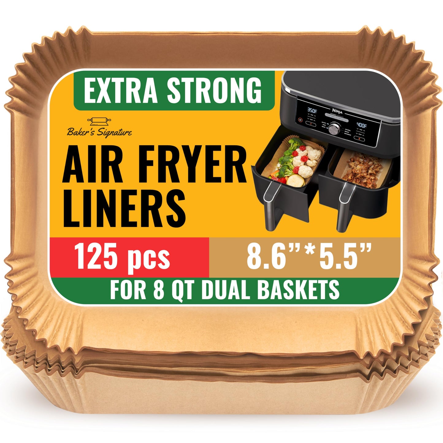 Air Fryer Paper Liners, 125Pcs Air Fryer Disposable Liners, Non-Stick and Oil Proof for Easy Cleanup, 8” Square for 5-8 qt Basket by Baker's Signature