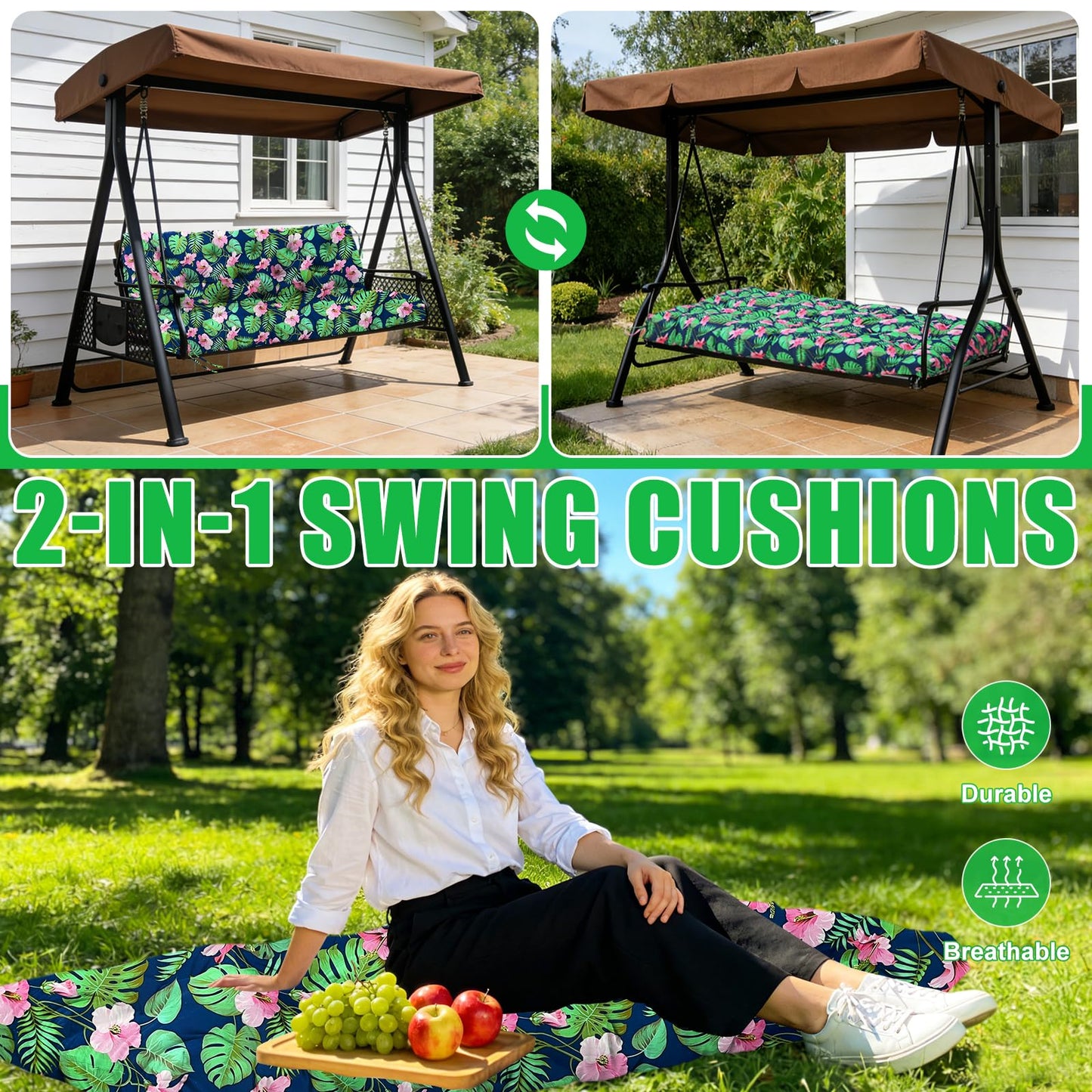 Boaisdus Porch Swing Cushions 48 inch Waterproof & Fade Resistant Thicken 5" Outdoor Swing Cushions 2 Seater Replacement with Backrest & Ties Patio Swing Cushions for Outdoor Furniture (Green Leaves)