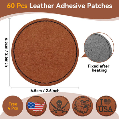 Harsgs 64PCS Blank Leatherette Hat Patches, Retangle Laserable Rustic Leatherette Patch with Adhesive for Heat Press/Transfer Iron-on, Round Light Brown