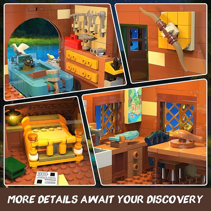 Overwater Cabin Mini Building Set with Light 2423 PCS Wooden Forest House Building Block Toy with Boat Bike Animals Home Decor Treehouse Construction Model Kit for Adults Teens Boys Girls 12+