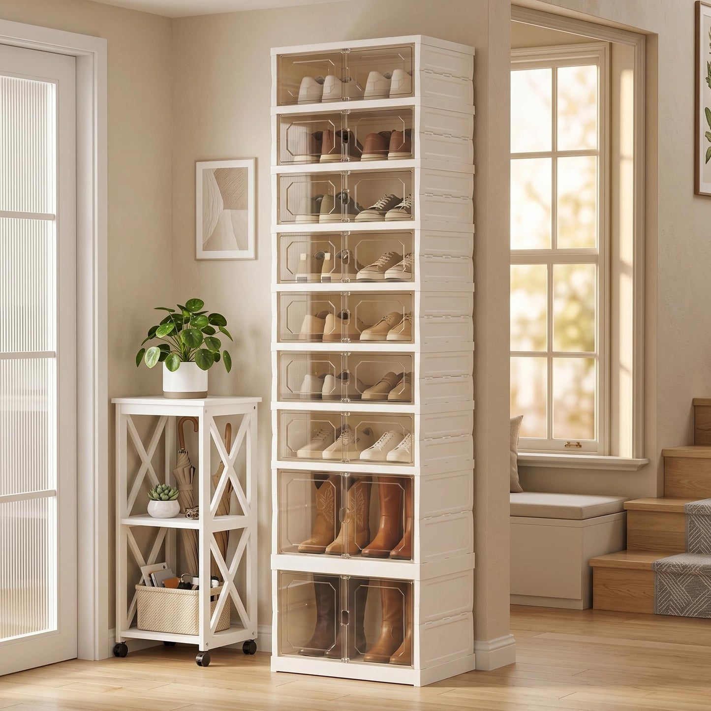Tykacna Foldable Shoe Rack Organizer with Magnetic Clear Doors, 9 Tier Collapsible Shoe Storage Cabinet, Large Plastic Portable Shoe Box with Wheels for Closet, Entryway, Bedroom, Fits 18 Pairs