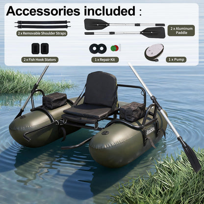 UNITACKCLE Inflatable Fishing Float Tube, Pontoon Boat with Adjustable Footrest, Folding Padded Seat, Paddles, Foot Air Pump Included, 249 LBS Load Capacity, Belly Boat Suitable for One Person Fishing